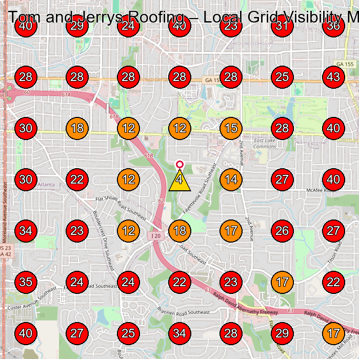 Tom and Jerrys Roofing GeoGrid visibility map for Roofing Contractor in Hiram